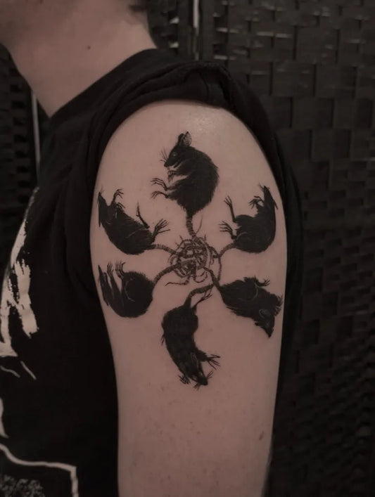 Medium Abstract Rats Tattoo on Men Upper Arm by @avenntattoo