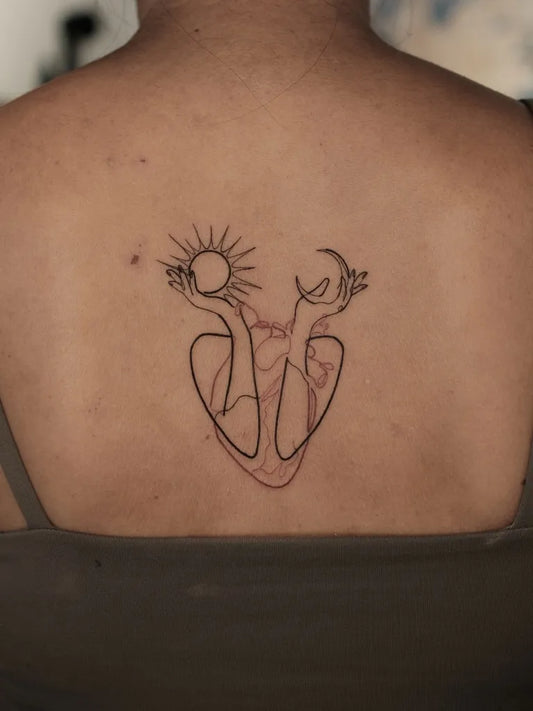 Medium Abstract Sun Moon Heart on Women Back Tattoo by @mr.onskin