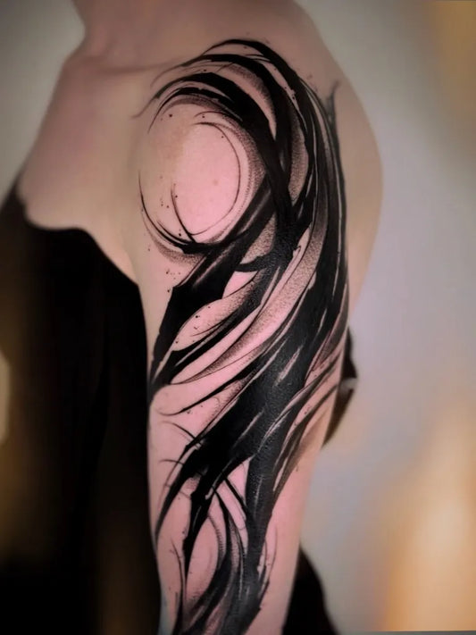 Medium Abstract Swirling Black Ink Tattoo on Women Shoulder by @off.ca_tattoo
