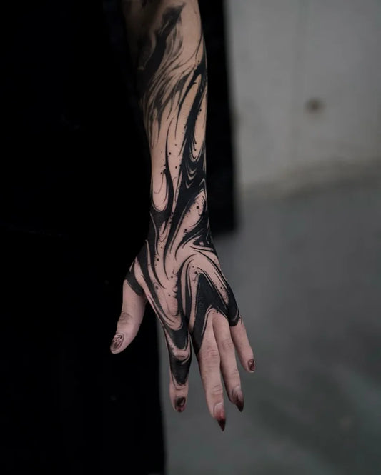 Medium Abstract Swirling Black Lines Tattoo on Women Arm by @bgxgrim