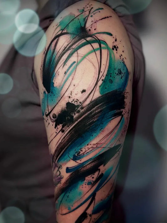 Medium Abstract SwirlingLinesAndSplashes Tattoo on Men Arm by @off.ca_tattoo