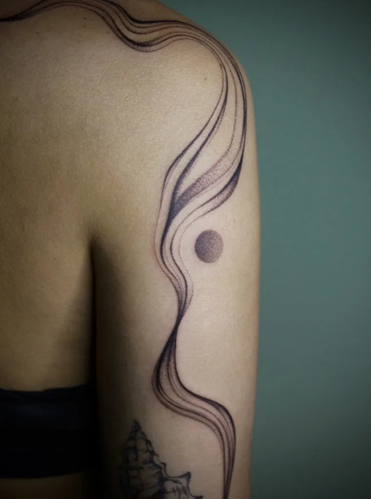 Medium Abstract Wavy Line and Dot Tattoo on Women Shoulder by @oren___tattoo