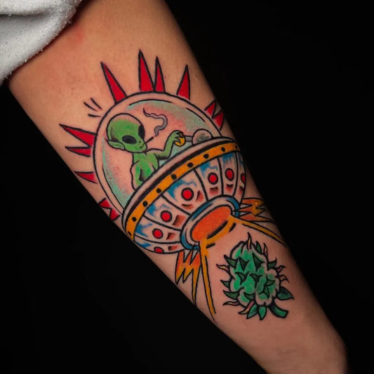 Medium American Traditional Alien UFO Weed Tattoo on Women Arm by @dany_punk_tattoo