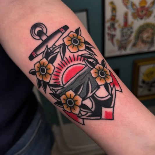Medium American Traditional Anchor Flowers Sun Tattoo on Women Arm by @veeratbc