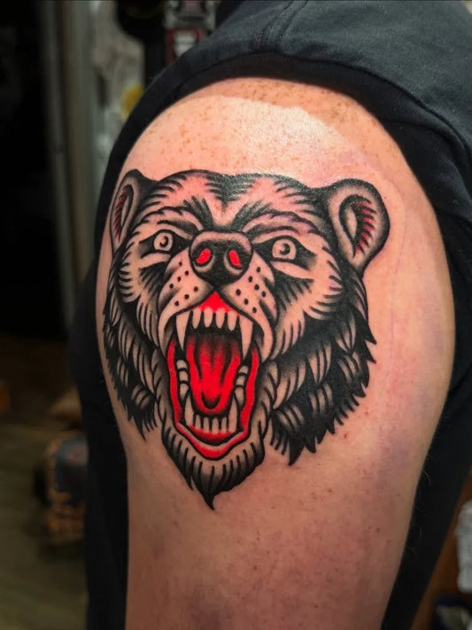 Medium American Traditional Bear Head on Men Shoulder Tattoo by @jrb.tattoo.art
