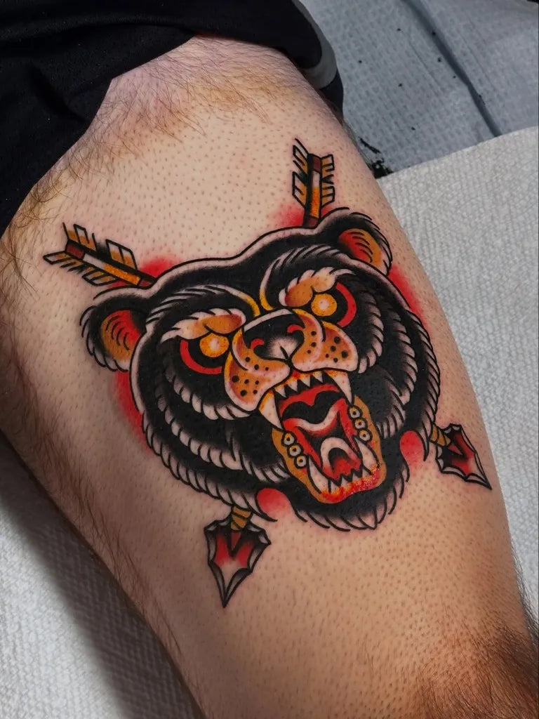 Medium American Traditional Bear with Arrows on Men Thigh Tattoo by @jitanforcier