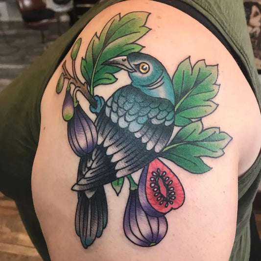 Medium American Traditional Bird and Figs Nature Tattoo on Women Shoulder by @prettytoughtattoos