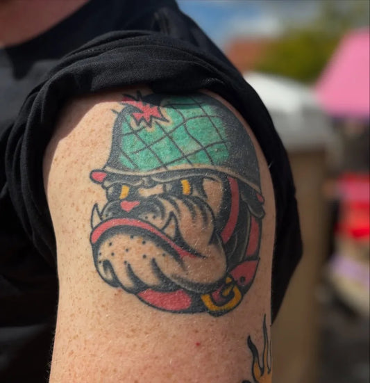 Medium American Traditional Bulldog Helmet Military Tattoo on Men Arm by @old_red_eyes