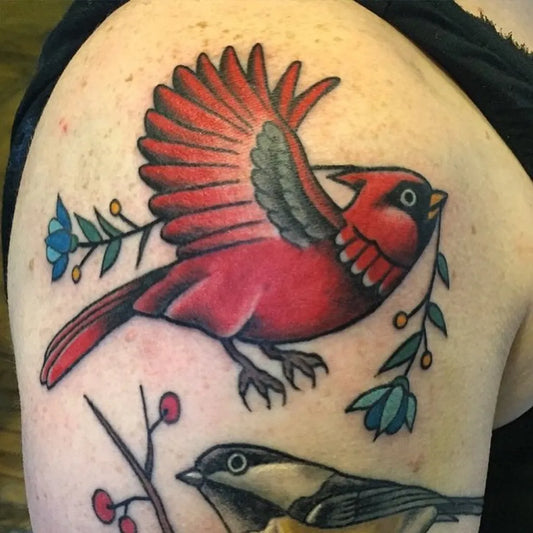 Medium American Traditional Cardinal and Chickadee Tattoo on Women Arm by @speakeasytat
