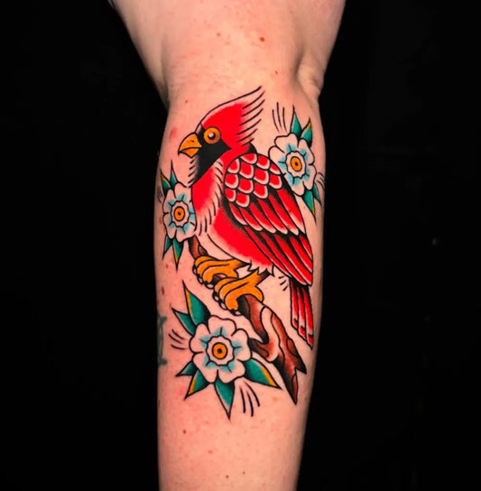 Medium American Traditional Cardinal and Flowers Tattoo on Women Arm by @michelparisay