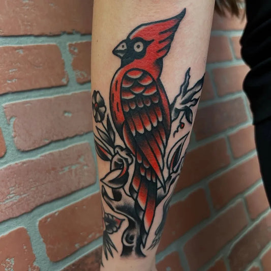 Medium American Traditional Cardinal and Flowers Tattoo on Women Arm by @raygunxtats