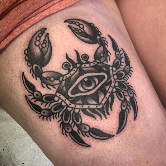 Medium American Traditional Crab Eye Nautical Tattoo on Women Thigh by @meowzen