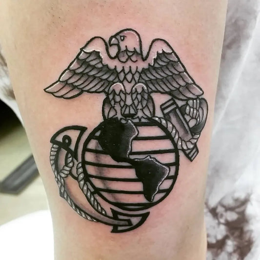 Medium American Traditional Eagle Globe and Anchor Military Tattoo on Men Leg by @punchout85