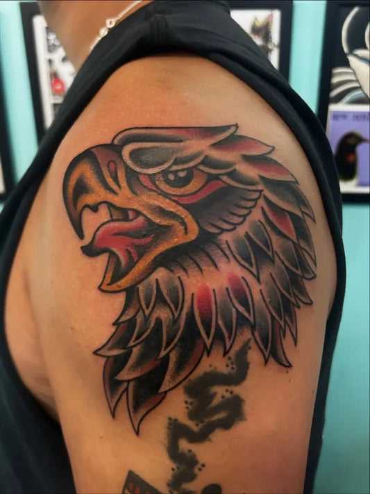 Medium American Traditional Eagle Head Tattoo on Men Shoulder by @dmarazzina
