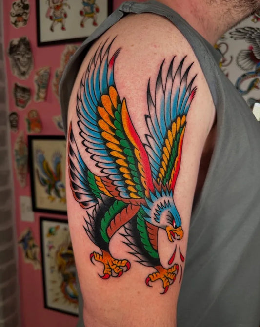 Medium American Traditional Eagle Tattoo on Men Arm by @chazorrtattooer