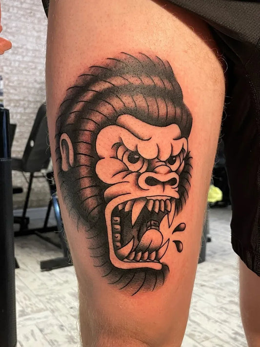 Medium American Traditional Gorilla Tattoo on Men Thigh by @graceb.tattoo
