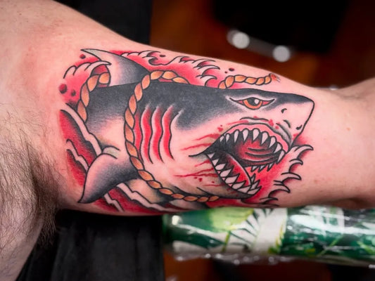 Medium American Traditional Great White Shark with Rope and Waves on Men Arm Tattoo by @suziq70