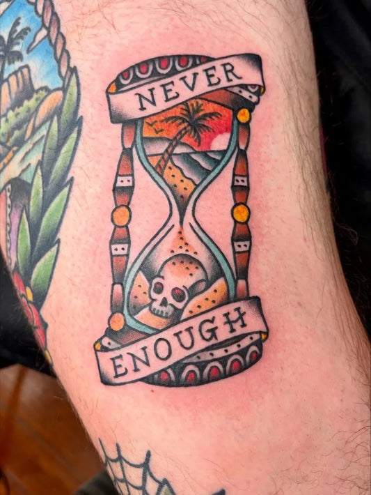 Medium American Traditional Hourglass Skull Banner Tattoo on Men Arm by @suziq70