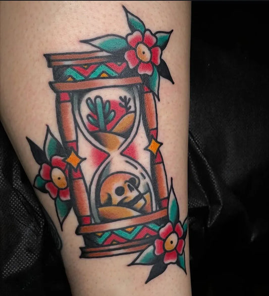 Medium American Traditional Hourglass Skull Cactus Tattoo on Women Forearm by @dreamlandartco