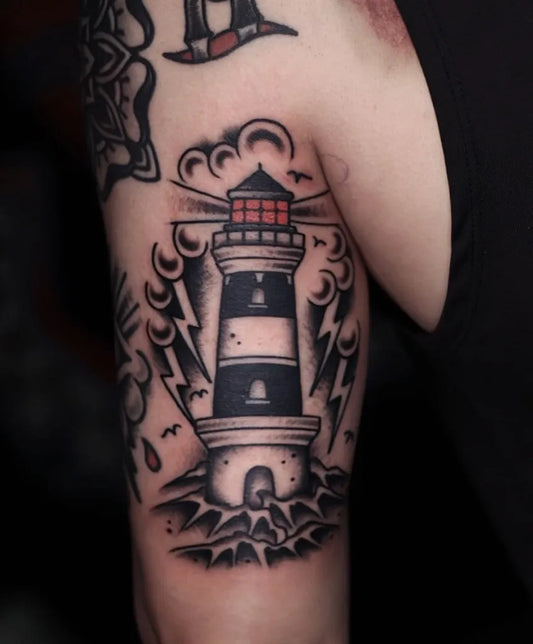 Medium American Traditional Lighthouse with Lightning and Waves Tattoo on Women Arm by @mickgore
