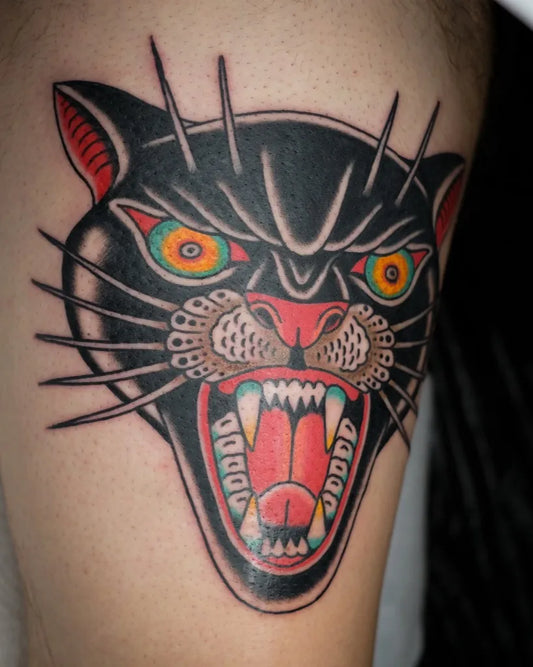 Medium American Traditional Panther Tattoo on Men Arm by @falkmalisch