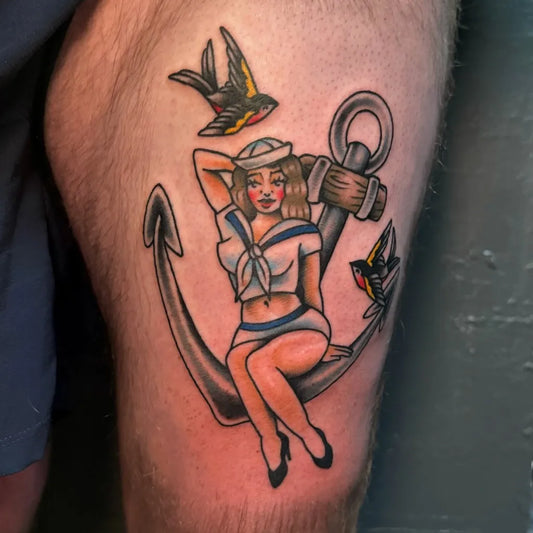 Medium American Traditional Pin Up Girl Anchor and Swallows Tattoo on Men Thigh by @traddymaddie