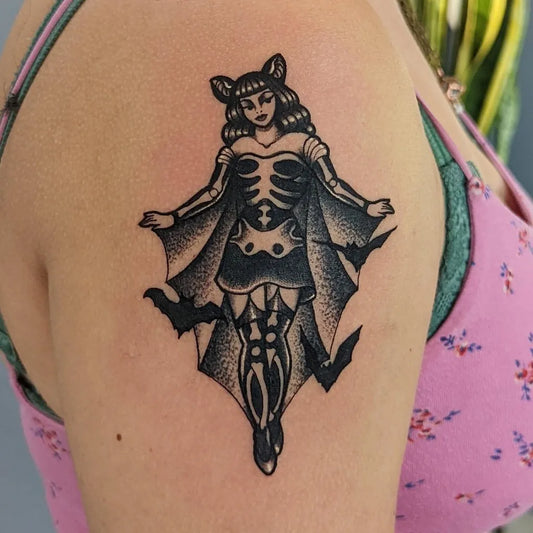 Medium American Traditional Pin Up Girl Bats Tattoo on Women Arm by @jamieisbeast