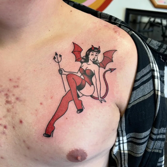 Medium American Traditional Pin Up Girl Devil Tattoo on Men Shoulder by @amanda.eternal.art