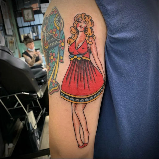 Medium American Traditional Pin Up Girl Tattoo on Men Arm by @lucky13tattoomelbourne