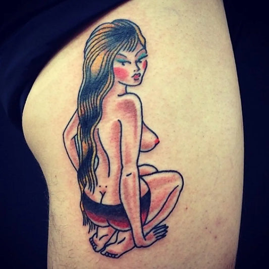 Medium American Traditional Pin Up Girl Tattoo on Women Thigh by @flyritetattoo