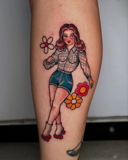 Medium American Traditional Pin Up Girl with Flowers and Roller Skates Tattoo on Women Leg by @alxbngala