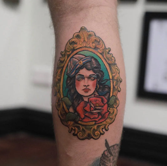 Medium American Traditional Pin Up Girl with Rose Tattoo on Men Leg by @tattoo_bono
