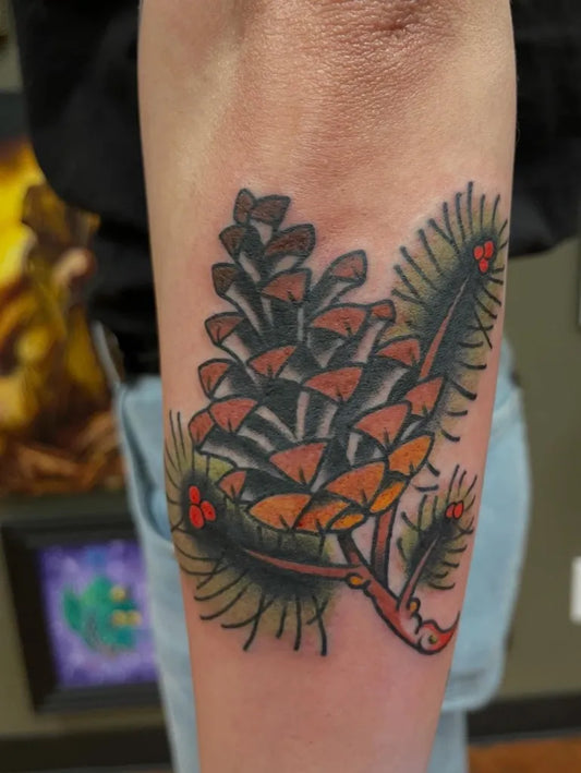 Medium American Traditional Pinecone and Branches Nature Tattoo on Men Arm by @jdellarosa_tattoo