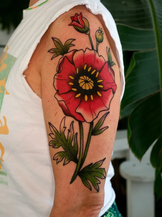 Medium American Traditional Poppy Flower Tattoo on Women Shoulder by @mallorymurphytattoo