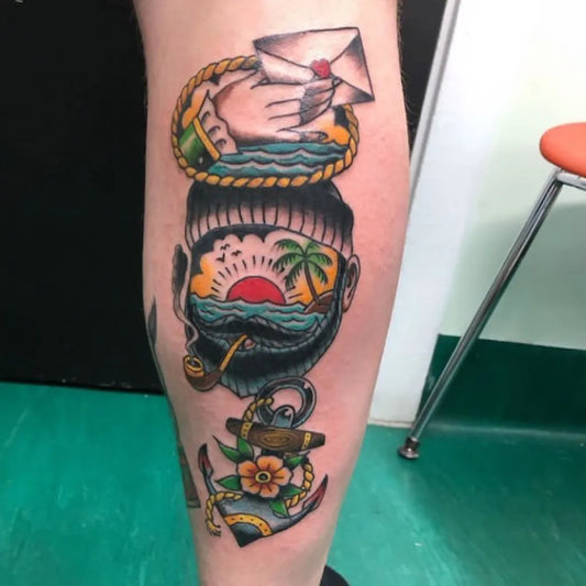 Medium American Traditional Sailor with Pipe and Anchor Nautical Tattoo on Men Leg by @osbornevillageink