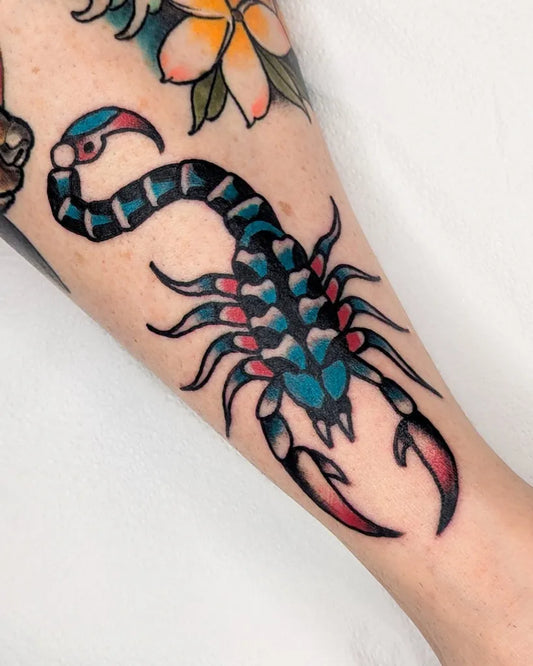 Medium American Traditional Scorpion and Flowers on Women Thigh Tattoo by @ambermoontattoo