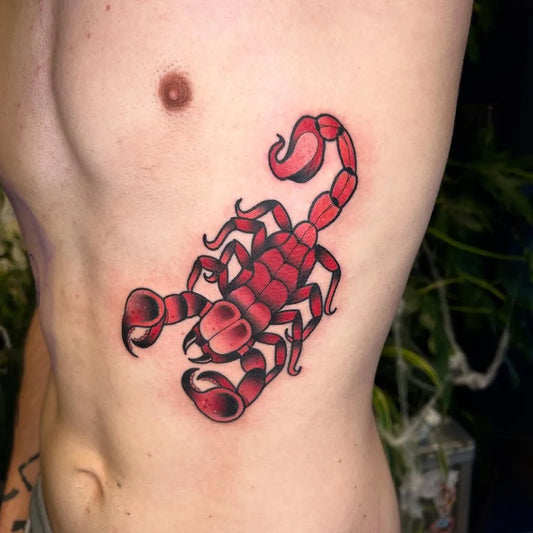 Medium American Traditional Scorpion on Men Rib Tattoo by @daisywadetattoo