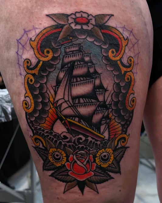 Medium American Traditional Ship Rose Banner Nautical Tattoo on Men Thigh by @alexduquettetattoos