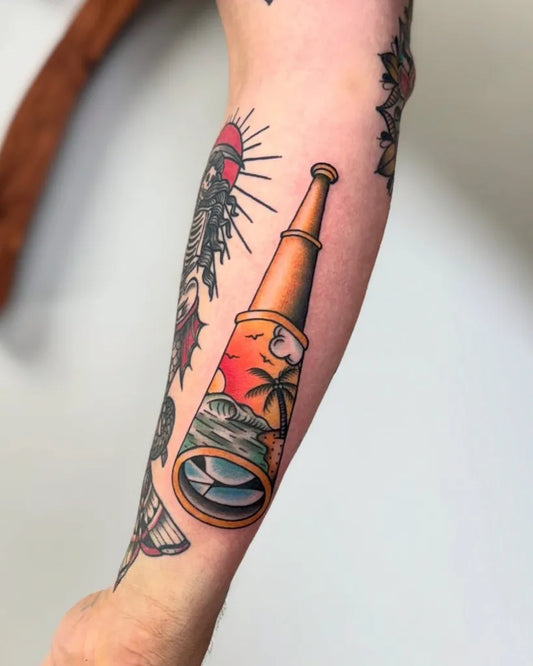 Medium American Traditional Telescope Tattoo on Men Arm by @carmen_tattoos182