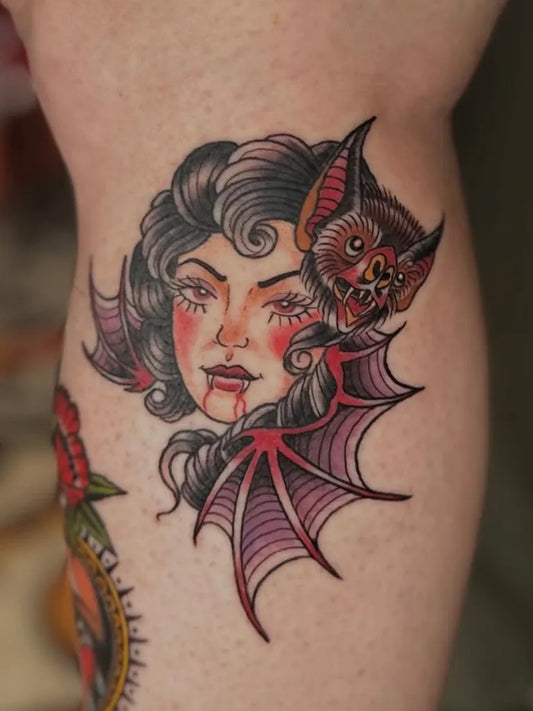 Medium American Traditional Vampire Woman with Bat Tattoo on Women Thigh by @montauktattoony