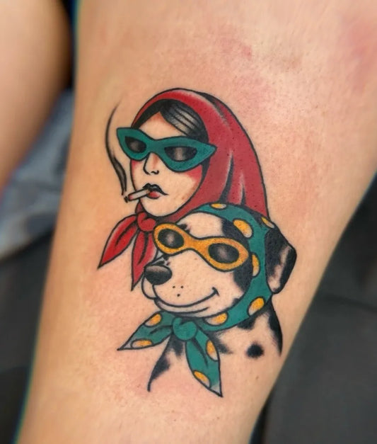 Medium American Traditional Woman with Cigarette and Dog Tattoo on Women Arm by @koshertatz