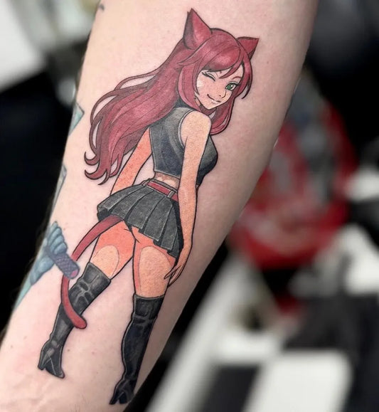 Medium Anime Red Haired Catgirl in Skirt Tattoo on Women Arm by @plan9ealing