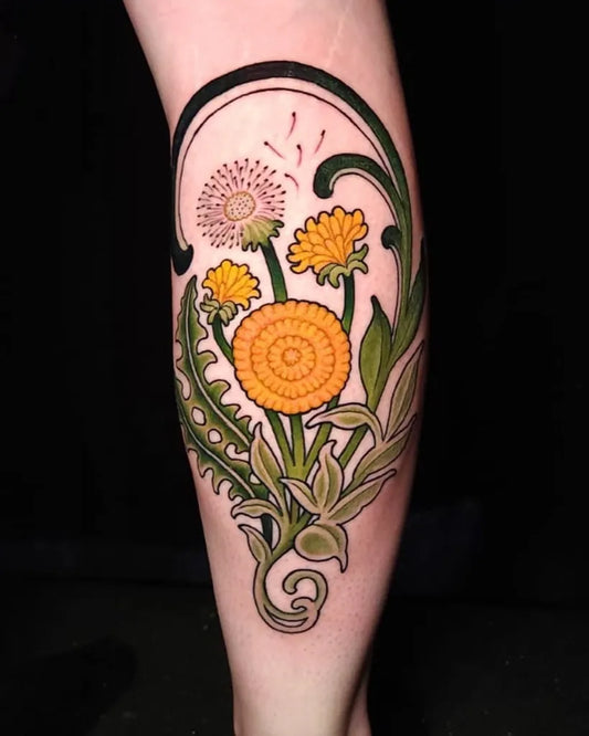 Medium Art Nouveau Dandelion Flowers Tattoo on Women Leg by @izzytattoo1224