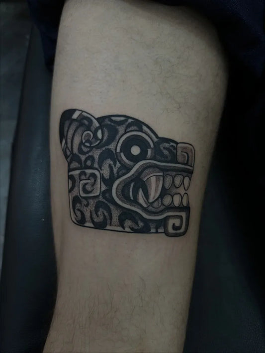 Medium Aztec Jaguar Head Tattoo on Men Arm by @marcell_og