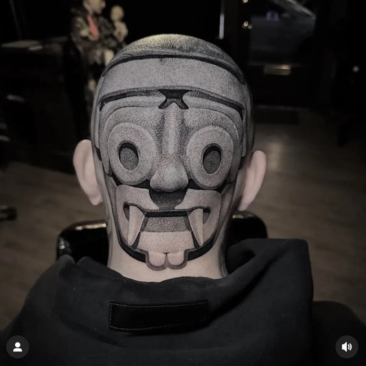 Medium Aztec Mask Tattoo on Men Head by @mexicanstyle_tattoos