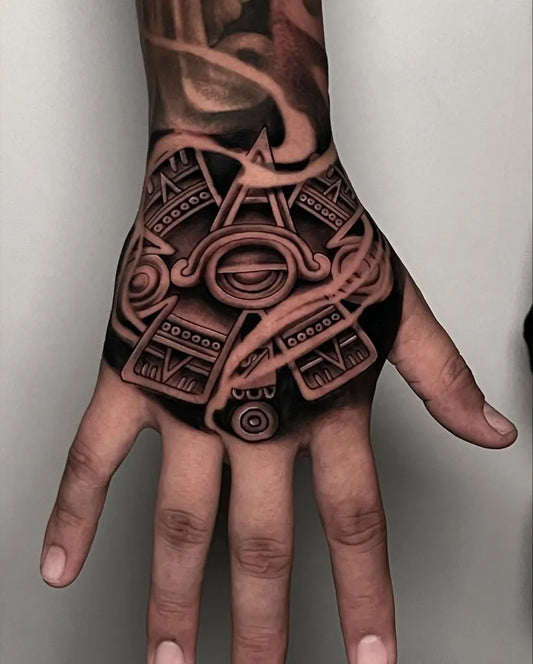 Medium Aztec SunEyeDesign Tattoo on Men Hand by @vibrationss_