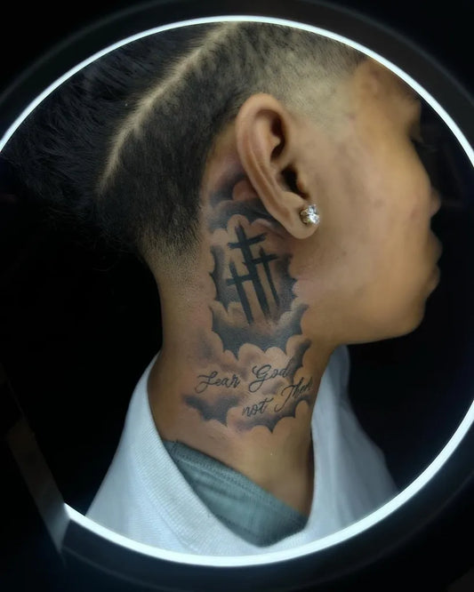 Medium Black and Grey 3 Cross Clouds Tattoo on Men Neck by @yahfavtats