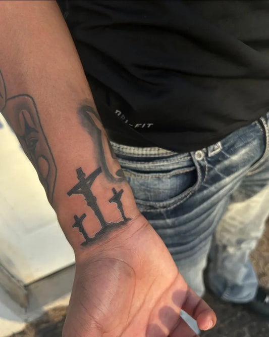 Medium Black and Grey 3 Crosses Tattoo on Men Forearm by @blendz.by.chon