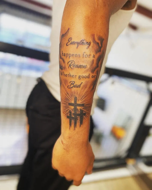 Medium Black and Grey 3 Crosses and Quote Tattoo on Men Forearm by @_tattoosbykennari_