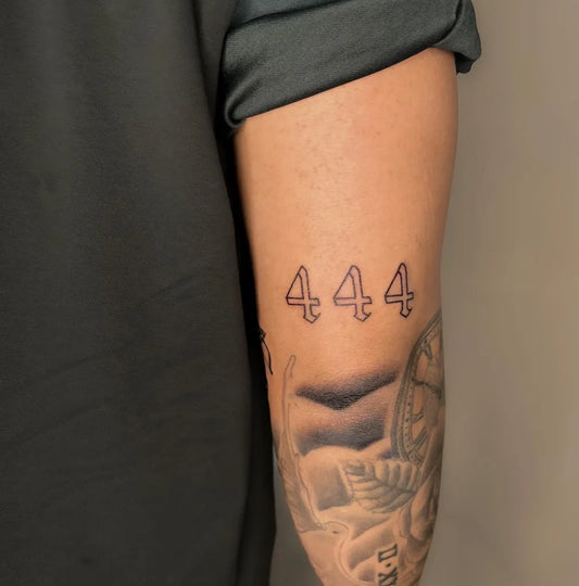 Medium Black and Grey 444 Numbers on Men Arm Tattoo by @kaylajordyntattoos